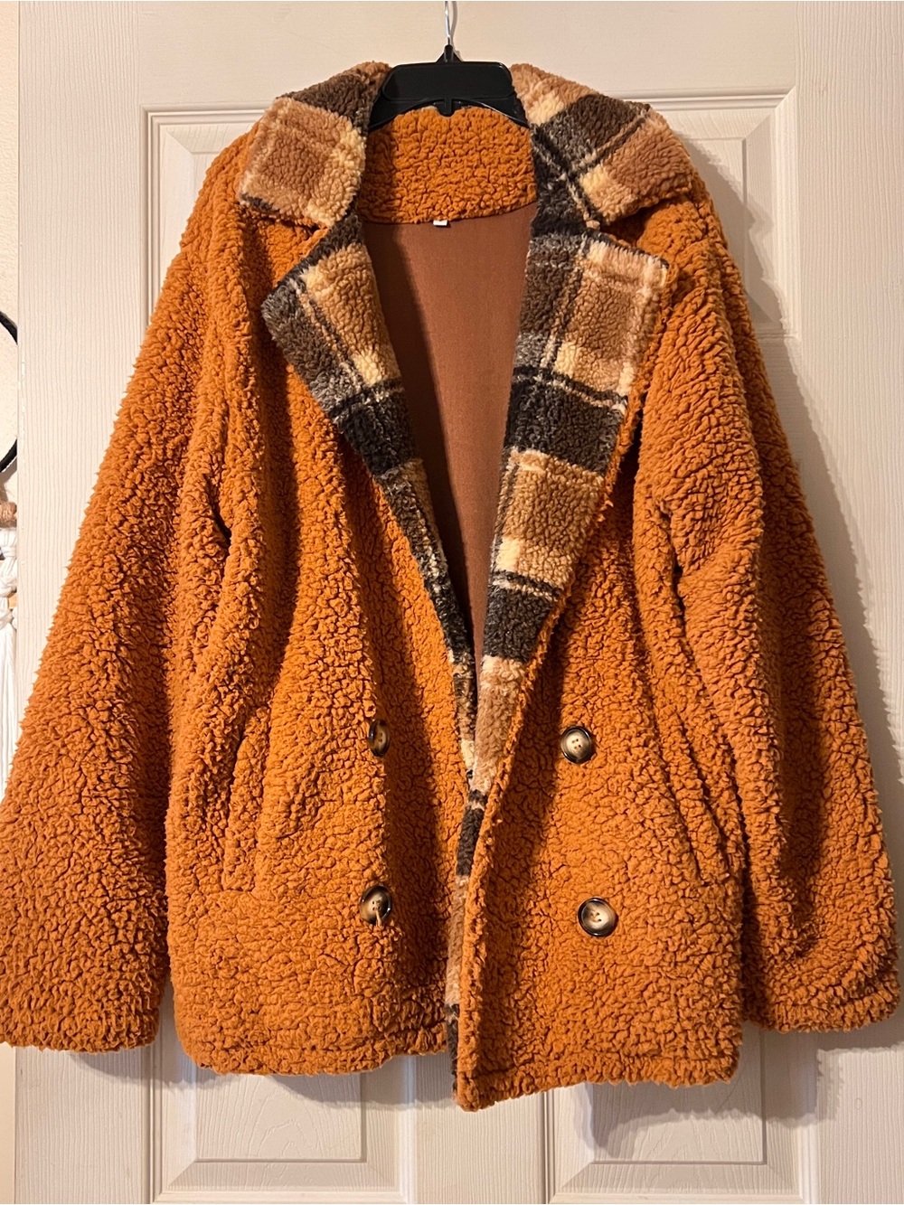 SHEIN Women's Orange Sherpa Teddy Jacket with Plaid Lapel